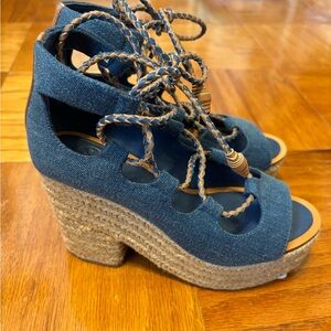 Tory Burch Denim Lace-Up Espadrille Wedge Platform Sandals - Blue